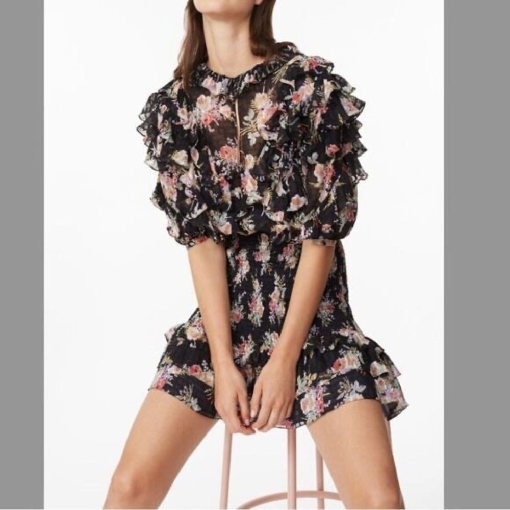 Rebecca Taylor Silk Blend Ruffle Smocked Floral‎ Mini Dress Black Multi Size S